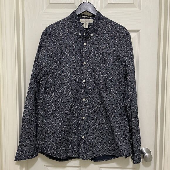 H&M Label Of Graded Goods Men’s XL Slim Button Up Navy Blue W/ Ginkgo Leaf Print - Picture 1 of 5
